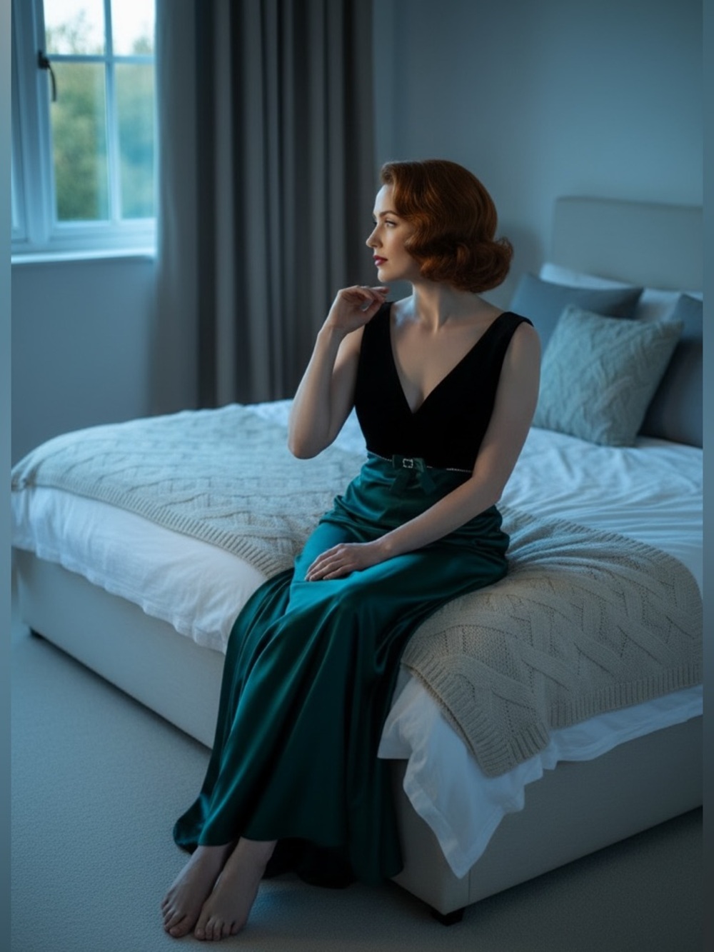 Gorgeous Vintage Green Satin and Black Velvet Dress